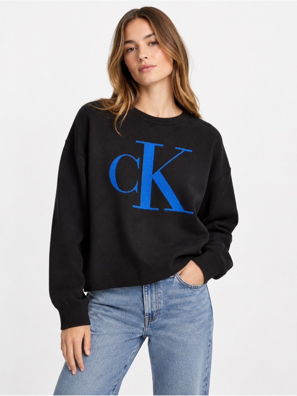 Calvin Klein Jeans Black Crewneck Sweater with Blue CK Logo Women’s Large